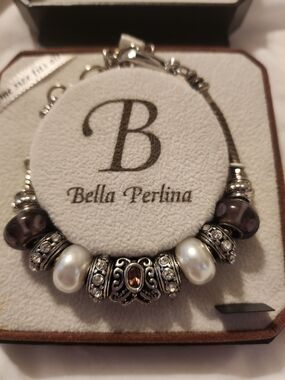 Bella Perlina Silver Pearl & Glass Charm Bracelet - White and Purple